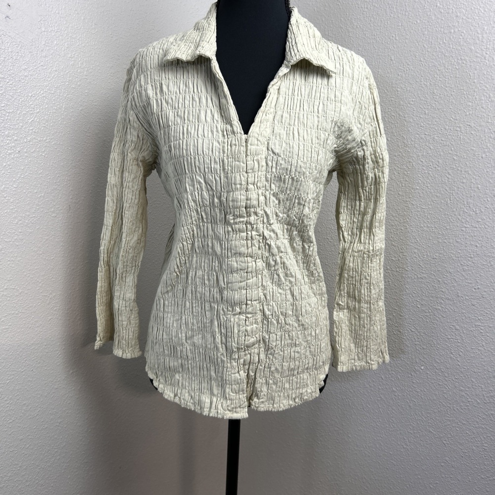 Vtg Y2k Faded Glory Top Women's Large Cream Eye Hook Closure Boho CottageCore